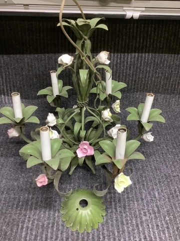 Vintage Italian Tole Green Metal Chandelier With Porcelain Roses With Six Lights Cover