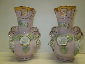 2 Small Pink Ceramic Vases with Cut-Outs & Applied White Roses with Gold Trim - Picture 1 of 11