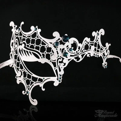 Woman Mask White Metal Phantom Venetian Ball Masquerade Mask w Green Rihnestones - Image 1 of 4