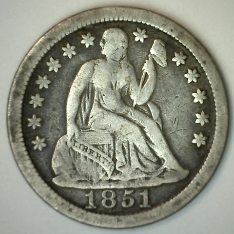 1851 Seated Liberty Silver Dime 10c US Type Coin Circulated Fine Cover