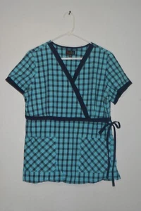 Peaches Women’s Large Blue Plaid Short Sleeve Scrub Top - Picture 1 of 9