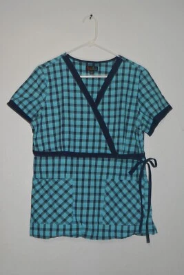 Peaches Women’s Large Blue Plaid Short Sleeve Scrub Top - Image 1 of 4