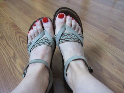 TOM'S, SANDALIAS MUJER GRIS/AQUA LONA PUNTA PLANA ABIERTA CON CORREAS HEBILLA, TALLA 8.5 Foto 1 de 4