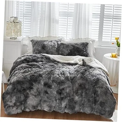  Juego de edredón peludo de felpa de piel sintética blanco con negro 3 reinas negro blanco Foto 1 de 4