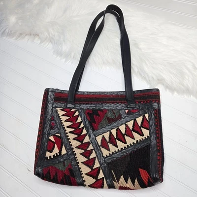 Bolso de Mano Joan & David De Colección Raro Años 80 90 Lana Kilim Cuero Alfombra Bolso Shopper 12x16" Foto 1 de 4