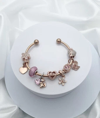 Linx Rose Gold Open Bangle with Rose Gold Mom Themed Charms - Image 1 of 4