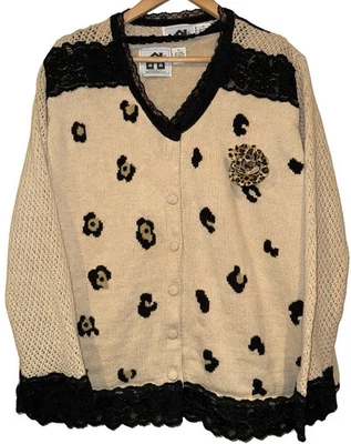 Conjunto de 2 cárdigan tejido estampado leopardo vintage años 90 Storybook ribete de encaje 2X Foto 1 de 4