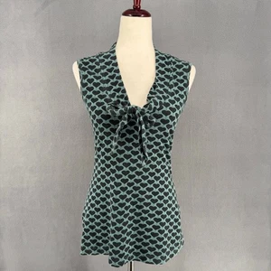 Effies Heart Twee Tie Front Heart Print Sleeveless Tunic Top Women M Green Black - Picture 1 of 11