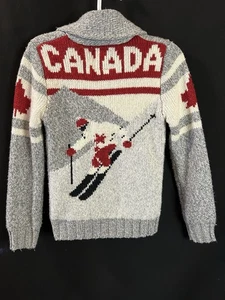 Canadian Maple Leaf Skier Wool Sweater Cardigan Zip Front Full Zip Youth M - Picture 1 of 10