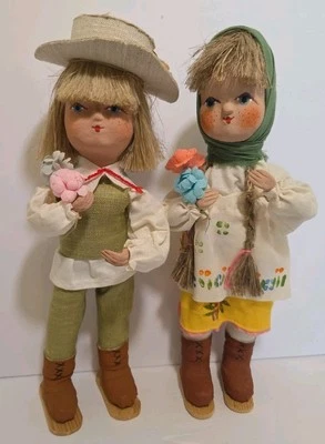 Two 1980s Girl Dolls Costume Straw Hair Papermache Face Wood & Wire Body Poland  - Image 1 of 4