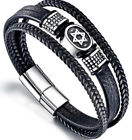 Men's Stainless Steel Leather Bracelet Magnetic Silver Clasp Bangle Black 22cm