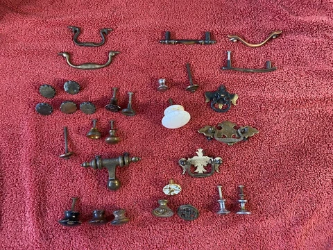 Lot Vintage Drawer Pulls Containing Brass Iron Wooden Porcelain Furniture Cover