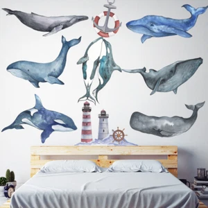 Blue Whale Dolphin Beacon PVC Vinyl Removable Nursery Mural Decal Wall Sticker - Picture 1 of 8