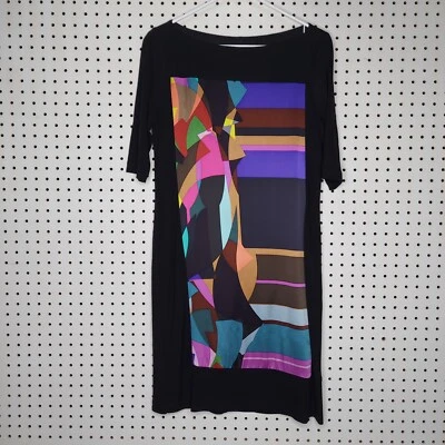 Suzi Chin Maggy Boutique Dress 8 Black Colorful Silk Abstract Art Short Sleeve - Image 1 of 4