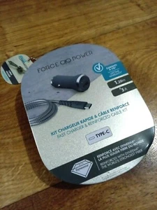 Kit Chargeur Voiture + Cable Renforcé 1.2m USB A/USB-C CHARGE RAPIDE Force Power - Photo 1 sur 5