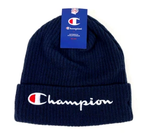 Adult CHAMPION ICONIC LOGO NAVY BEANIE HAT CAP - NWT NEW Spellout Logo - Picture 1 of 2