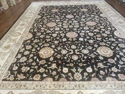 8' 5" X 11' 6" Vintage Handmade Oriental Floral Wool Rug Silk Accent Black Nice - Image 1 of 4