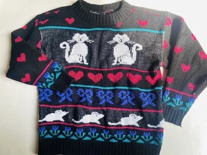 Vintage Girl’s Black Acrylic Sweater Cats And Hearts Private Eyes USA Made - Picture 1 of 4