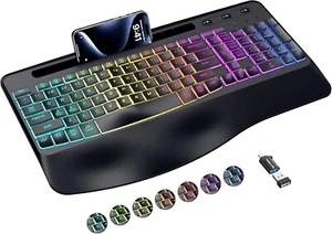 Wireless RGB Ergonomic Keyboard, Rechargeable, Wrist Rest, Mac PC, 90 Keys - Picture 1 of 7