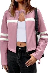 ANRABESS Giacca Donna Ecopelle Zip Up Stand Collare Cropped Moto Biker ROSA - Foto 1 di 7