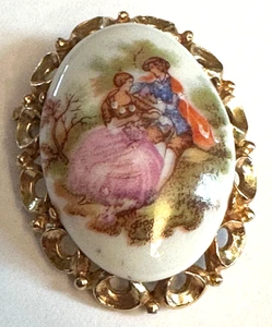 Limoges Porcelain Brooch Hand Painted from France 1.75” Long Gold Surround Fab - Picture 1 of 6