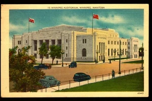 Postcard Winnipeg Auditorium Manitoba Linen 1953 Classic Cars Manitoba Flag - Picture 1 of 2