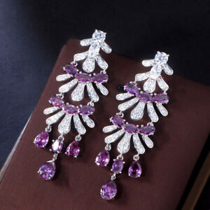 Purple Silver Plated CZ Chandelier Dangle Drop Earrings Wedding Banquet Jewelry