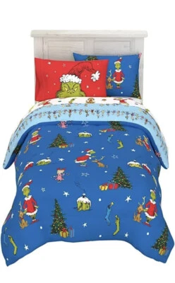 Dr Seuss The Grinch 5 предметов двуспальная кровать комплект одеяло новый двусторонний - Изображение 1 из 4