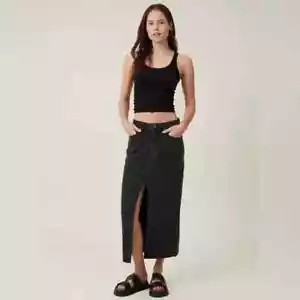 Cotton On Bailey Denim Maxi Skirt Womens Size 10 Black Front Slit 100% Cotton - Picture 1 of 7