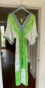 New! Fabulous Bigg Bull Green White Teal & Gold Silver Sequin Tassel Maxi Dress - Picture 1 of 21