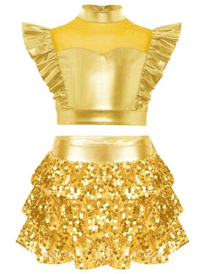 Kids Dance Outfit Sleeveless Crop Top with Sequin Tiered Ruffle Skirt Dancewear - Image 1 of 3