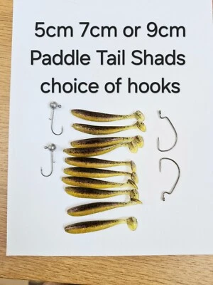 Olive x 10 Shad Paddle Tail Soft Lures 5cm 7cm 9cm  Hook Weedless or Jig Head - Image 1 of 4