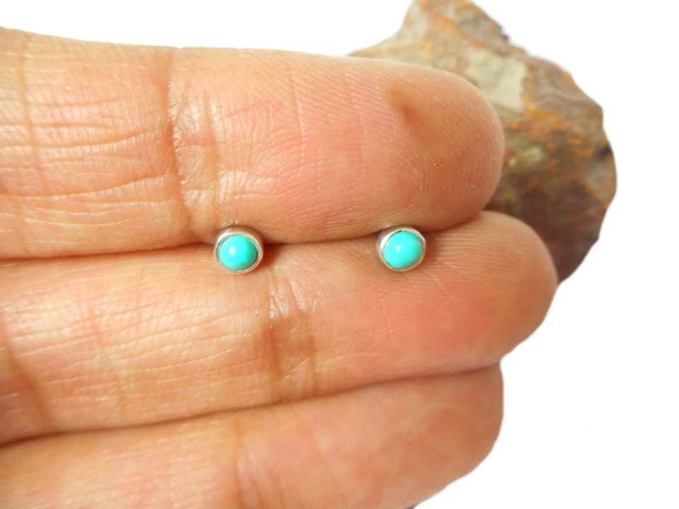 Small Round Blue TURQUOISE Sterling  Silver  925 Gemstone Stud  Earrings - 3 mm - Image 1 of 4