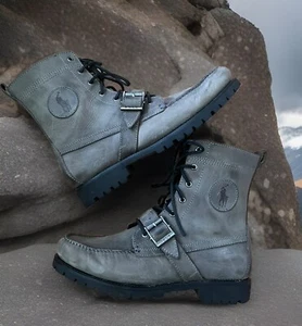 Polo Ralph Lauren Ranger Buckle Boots Mens Grey/Olive Nubuck Leather Sz 10 EUC - Picture 1 of 14