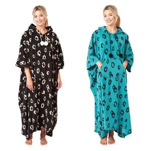 Ladies Oversized Robe Poncho Animal Print Fleece Hooded Blanket Black Teal - Picture 1 of 18