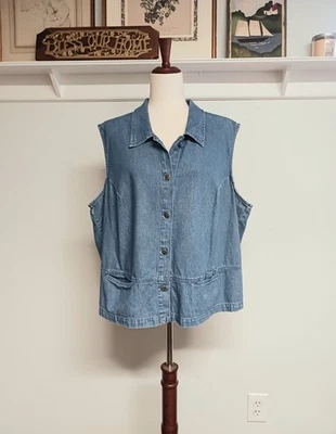 Blusa jeans feminina vintage Stonebridge sem mangas 2X com colarinho e botões - Imagem 1 de 4