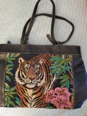  Isabella Fiore Bag Beaded Tapestry Bag Purse Tiger Floral Black Leather 2 Strap - Image 1 of 4