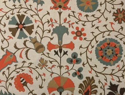 BALLARD DESIGNS TIMUR ORANGE SUZANI FLORAL GEOMETRIC FABRIC BY THE YARD 55"W - Image 1 of 4