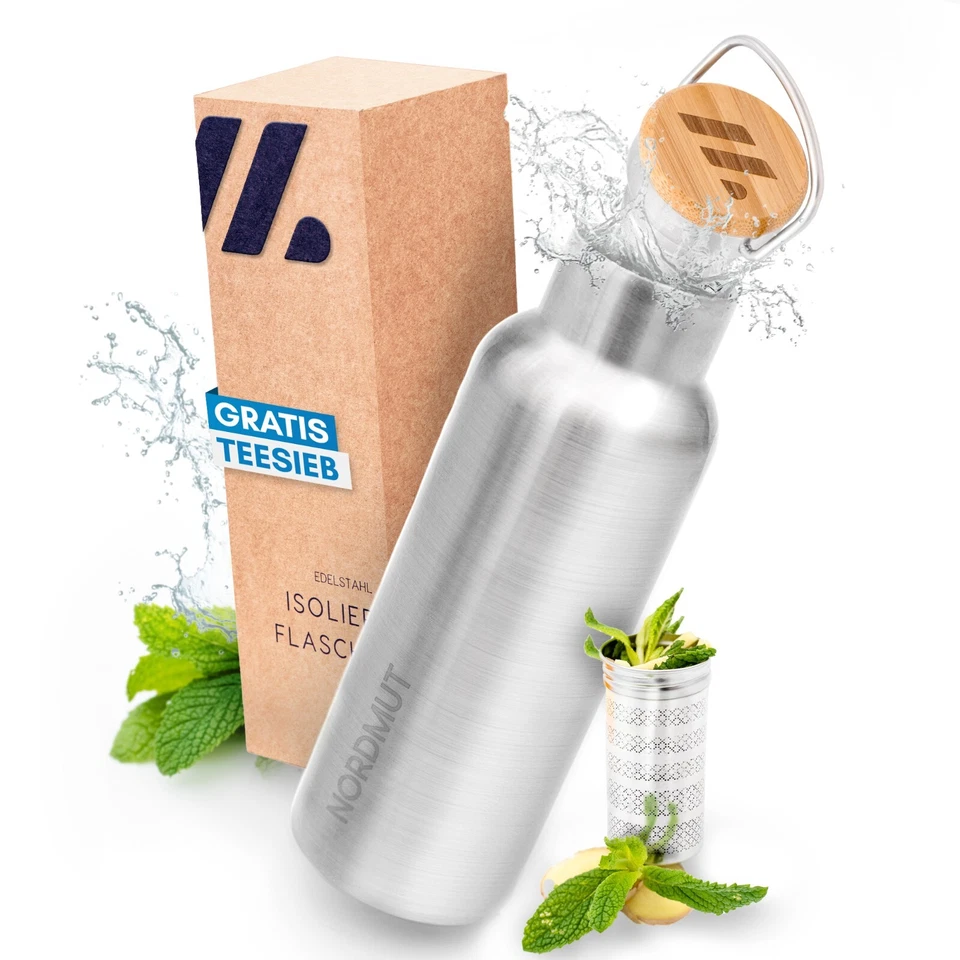 NORDMUT® Edelstahl Trinkflasche isoliert + Teesieb – Thermosflasche