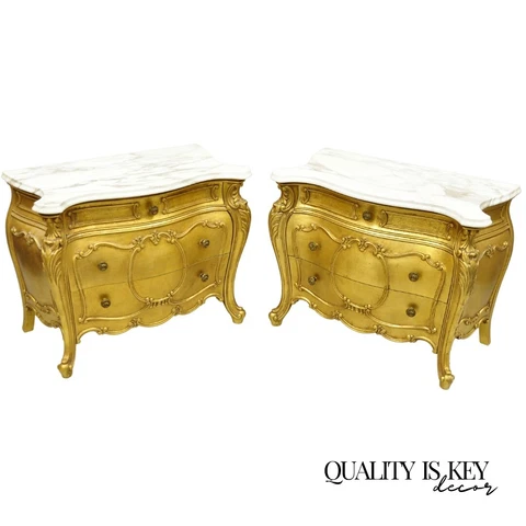 Vintage French Louis XV Style Gold Bombe Marble Top Nightstands - a Pair Cover