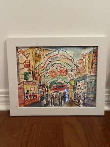VINTAGE WATERCOLOR MIXED MEDIA ORIGINAL ART FRAMED SIGNED PEOPLE ITALY MARKET - Picture 1 of 2