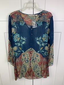 NWT Soft Surroundings Size 3XL Sheer Blouse Blue Floral Paisley Bell Sleeve