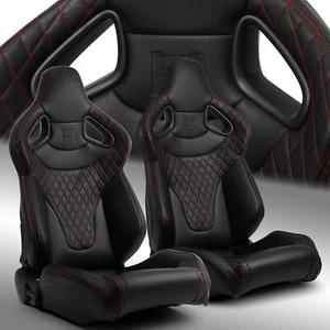Black w/Red Stitching C-Series PVC Reclinable Left/Right Racing Seats Pair - Picture 1 of 9