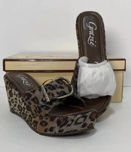 NEW Grazie Jester Wedge Sandals Shoes Sz 6.5 Heels Leopard Rhinestones Box - Picture 1 of 14