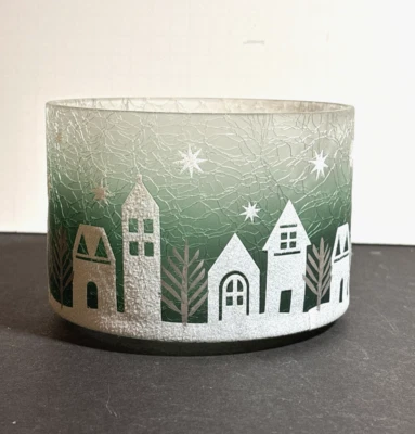 Yankee Candle Crackled Glass Shade Topper, Green and White Winter Village Scene - Image 1 of 4