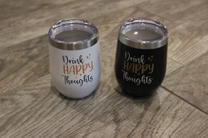 PAIR! Drink Happy Thoughts 12 Oz. Stainless Insulated Cups with Lids. Brand New! - Picture 1 of 4