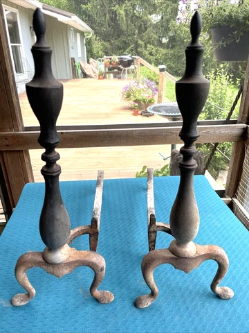 Vintage Colonial Federal Style "Cast Iron" Andirons Fire Dog Approx. 21" Tall Cover