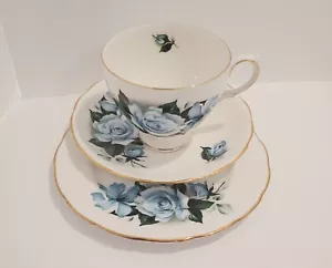 QUEEN ANNE BLUE ROSE FLORAL TEACUP SAUCER DESSERT PLATE BONE CHINA GOLD TRIM - Picture 1 of 12