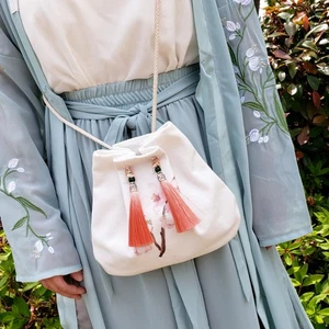 Cotton Hanfu Drawstrings Bag Flower Embroidery Crossbody Bag Travel - Picture 1 of 12