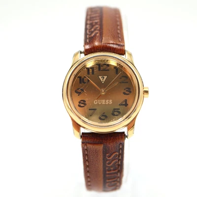 Vintage Guess Watch 25mm Gold Tone Mirror Dial 1995 Leather Band w New Battery - Image 1 of 4